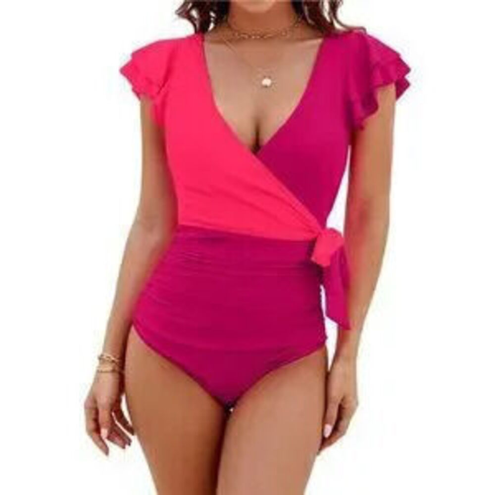 Women's Tummy Control Swimsuit One Piece Bathing Suit Ruffle Wrap V Neck